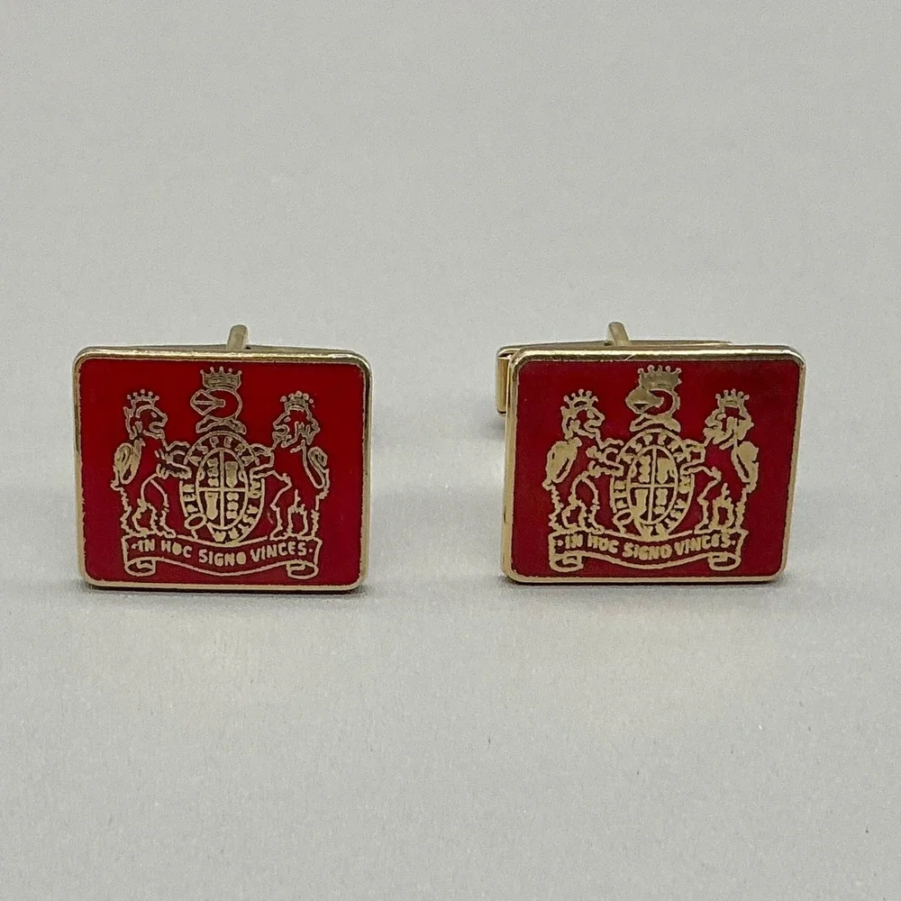 Vintage Coat of Arms Heraldic Crest Red Enamel Gold Tone Cufflinks Shield Mens